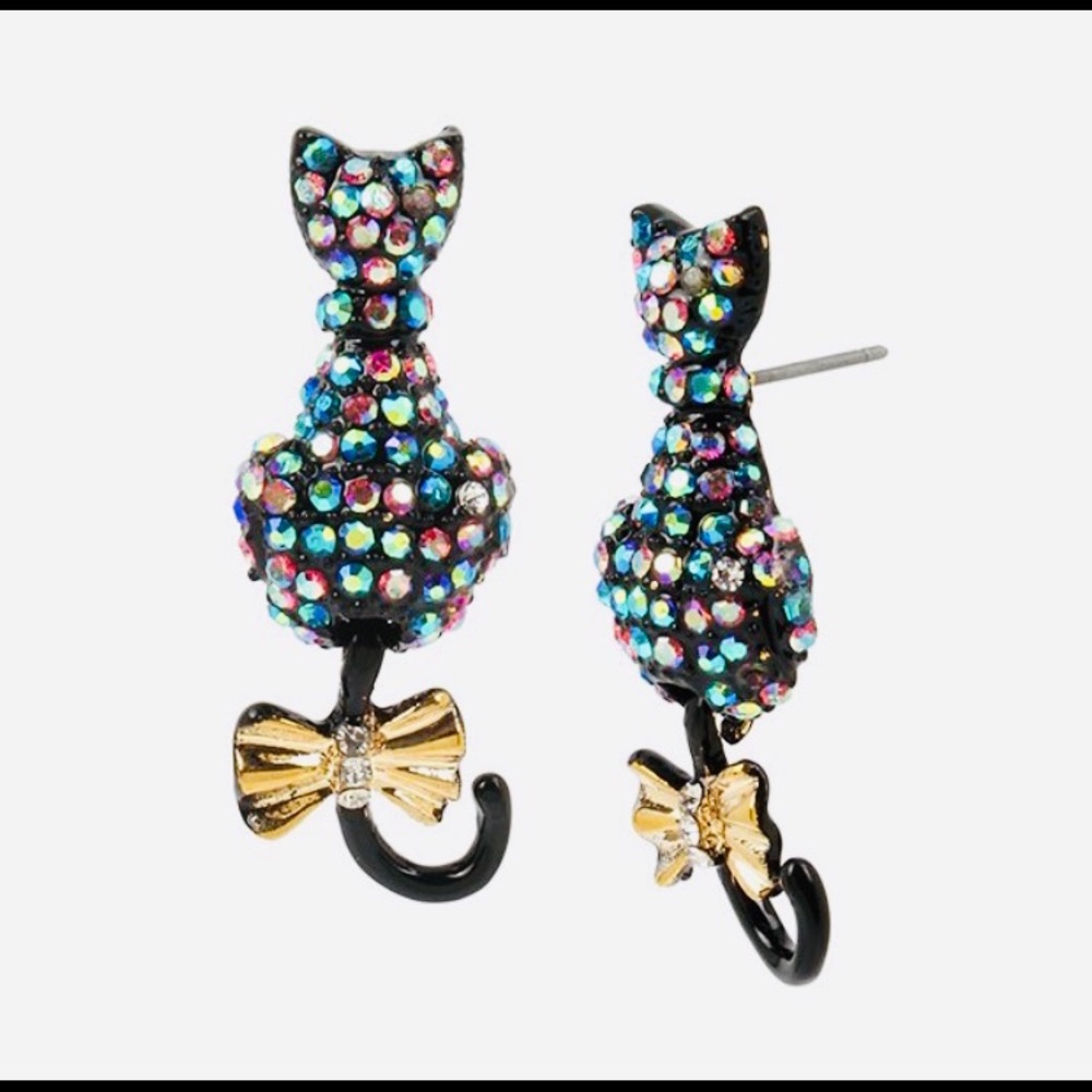 New  Betsey Johnson Pave Cat Drop Earrings